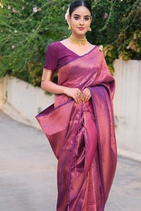 Plum Magenta Banarasi Soft Silk Saree with Copper Zari Brocade Weave  in Surat