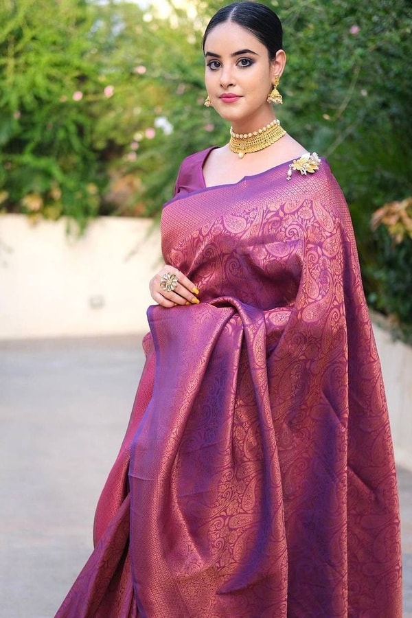 Plum Magenta Banarasi Soft Silk Saree with Copper Zari Brocade Weave  in Surat
