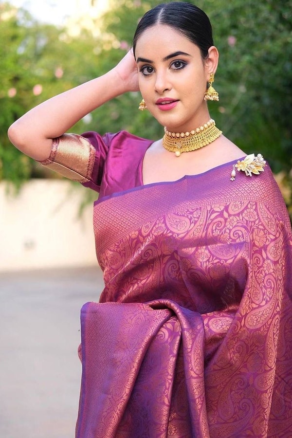 Plum Magenta Banarasi Soft Silk Saree with Copper Zari Brocade Weave  in Surat