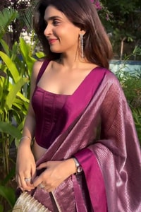 Plum Magenta Shimmer Banarasi Soft Silk Saree with Silver Zari Border and Tissue-Look Pallu  in Surat