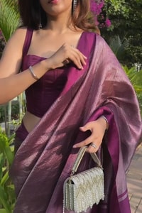Plum Magenta Shimmer Banarasi Soft Silk Saree with Silver Zari Border and Tissue-Look Pallu  in Surat