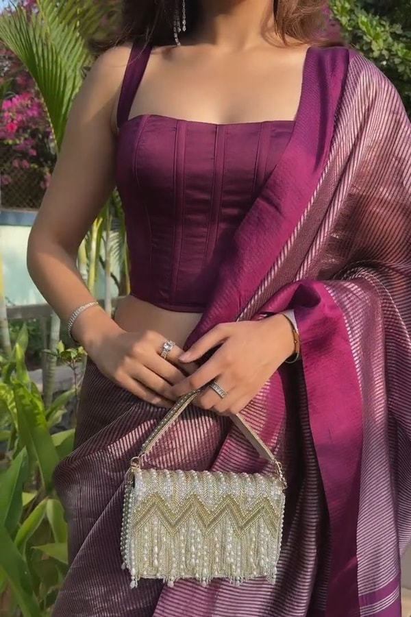 Plum Magenta Shimmer Banarasi Soft Silk Saree with Silver Zari Border and Tissue-Look Pallu  in Surat