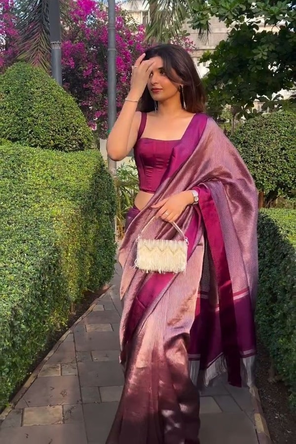 Plum Magenta Shimmer Banarasi Soft Silk Saree with Silver Zari Border and Tissue-Look Pallu  in Surat