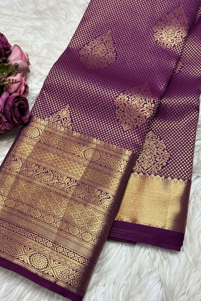 Plum Purple Banarasi Soft Silk Saree with Fine Zari Texture, Gold Buttas and Wide Border in Surat