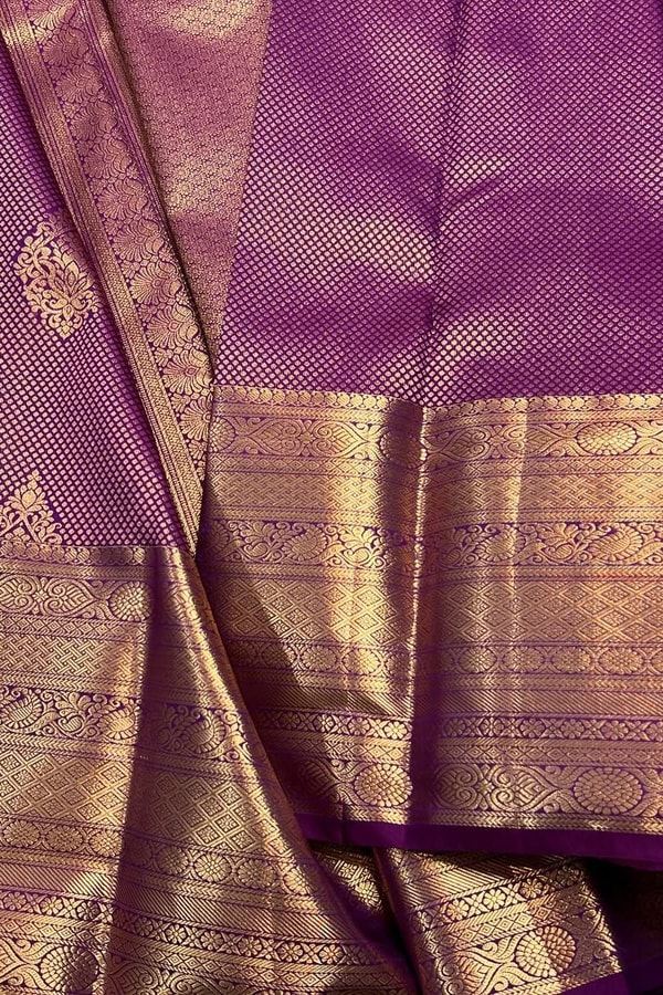 Plum Purple Banarasi Soft Silk Saree with Fine Zari Texture, Gold Buttas and Wide Border  in Surat