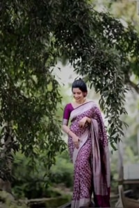 Plum Purple Banarasi Soft Silk Saree with Silver Zari Floral Jaal and Silver Woven Border  in Surat video 1