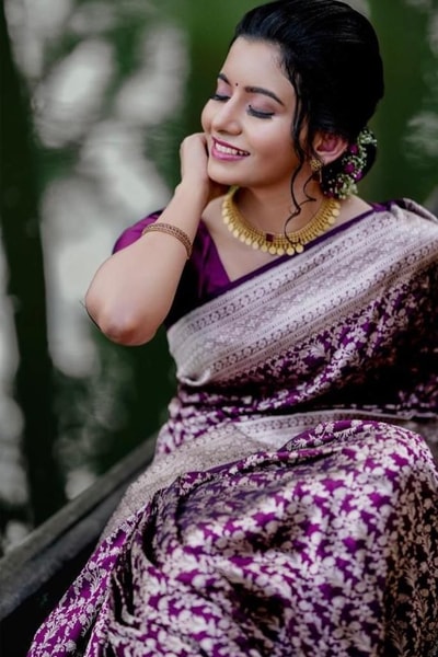 Plum Purple Banarasi Soft Silk Saree with Silver Zari Floral Jaal and Silver Woven Border in Surat