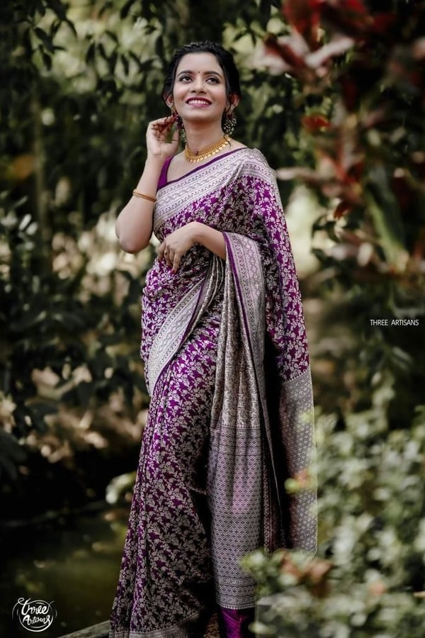Plum Purple Banarasi Soft Silk Saree with Silver Zari Floral Jaal and Silver Woven Border  in Surat