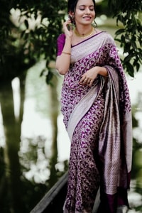 Plum Purple Banarasi Soft Silk Saree with Silver Zari Floral Jaal and Silver Woven Border  in Surat