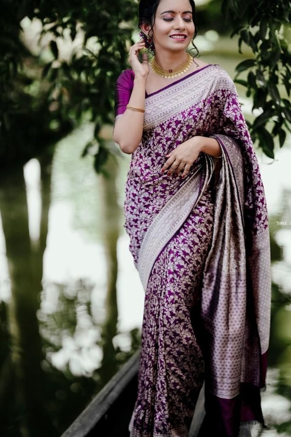 Plum Purple Banarasi Soft Silk Saree with Silver Zari Floral Jaal and Silver Woven Border  in Surat