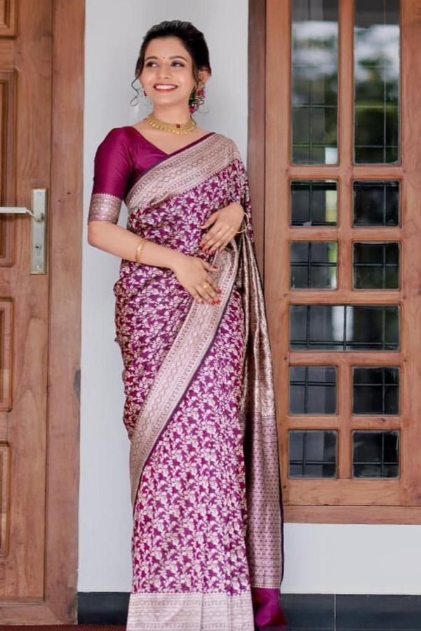 Plum Purple Banarasi Soft Silk Saree with Silver Zari Floral Jaal and Silver Woven Border  in Surat