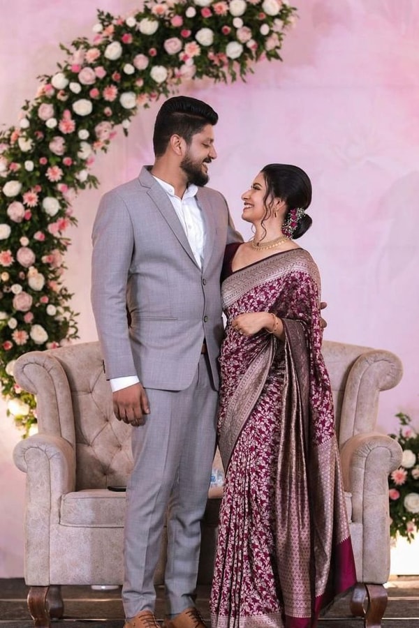 Plum Purple Banarasi Soft Silk Saree with Silver Zari Floral Jaal and Silver Woven Border  in Surat