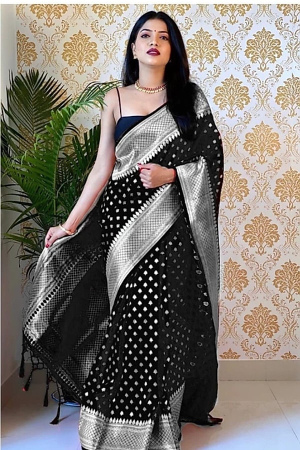 Polka Butti Banarasi Soft Silk Saree with Zari Pallu and Tassels in Black, Rani Pink and Red  in Surat
