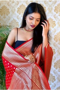 Polka Butti Banarasi Soft Silk Saree with Zari Pallu and Tassels in Black, Rani Pink and Red  in Surat