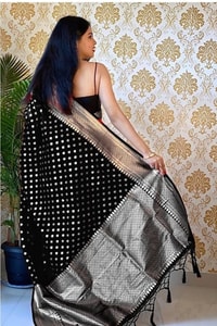 Polka Butti Banarasi Soft Silk Saree with Zari Pallu and Tassels in Black, Rani Pink and Red  in Surat