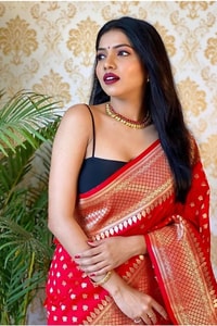 Polka Butti Banarasi Soft Silk Saree with Zari Pallu and Tassels in Black, Rani Pink and Red  in Surat