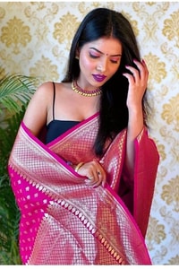 Polka Butti Banarasi Soft Silk Saree with Zari Pallu and Tassels in Black, Rani Pink and Red  in Surat