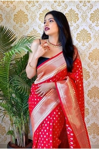 Polka Butti Banarasi Soft Silk Saree with Zari Pallu and Tassels in Black, Rani Pink and Red  in Surat