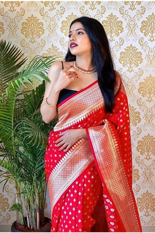 Polka Butti Banarasi Soft Silk Saree with Zari Pallu and Tassels in Black, Rani Pink and Red  in Surat