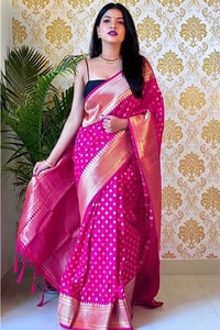 Polka Butti Banarasi Soft Silk Saree with Zari Pallu and Tassels in Black, Rani Pink and Red  in Surat