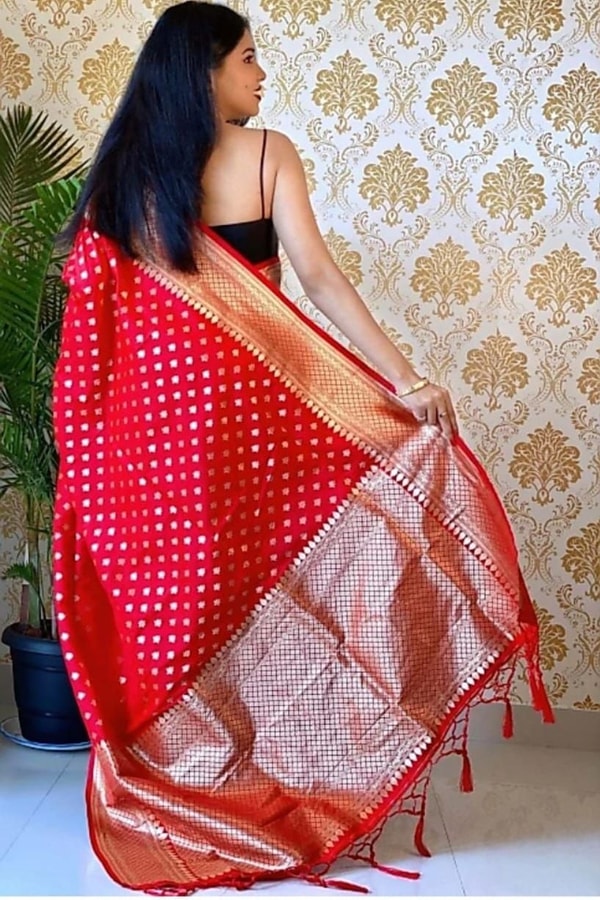 Polka Butti Banarasi Soft Silk Saree with Zari Pallu and Tassels in Black, Rani Pink and Red  in Surat