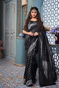 Polka Butti Banarasi Soft Silk Saree with Zari Pallu and Tassels in Black, Rani Pink and Red  in Surat