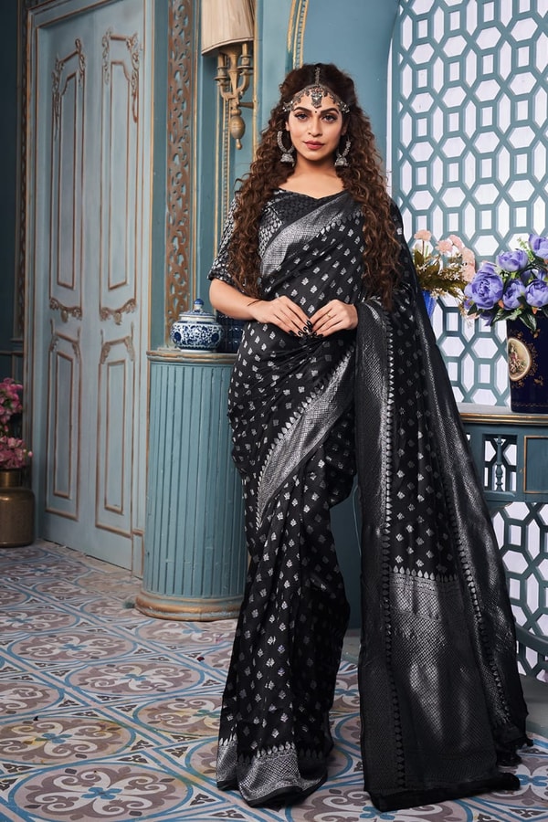 Polka Butti Banarasi Soft Silk Saree with Zari Pallu and Tassels in Black, Rani Pink and Red  in Surat