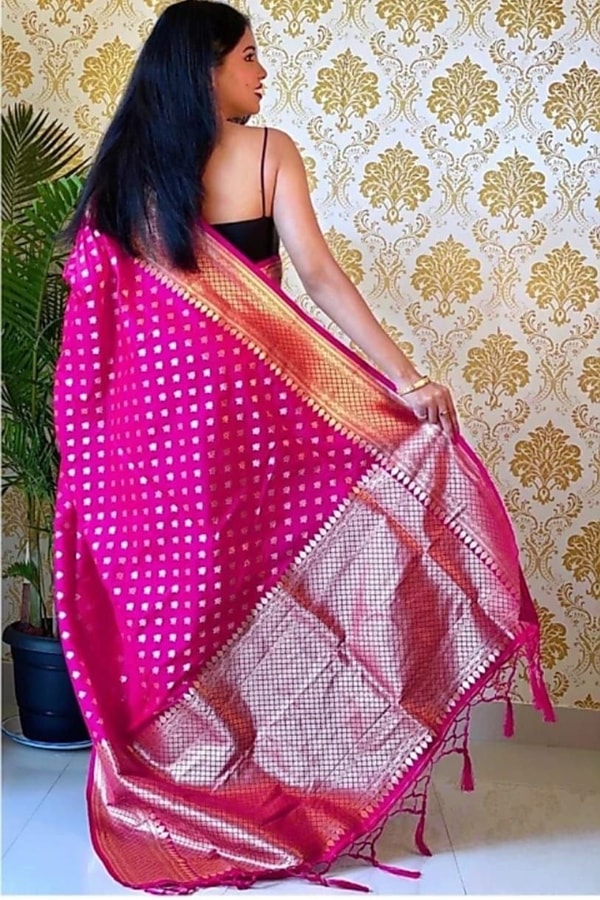 Polka Butti Banarasi Soft Silk Saree with Zari Pallu and Tassels in Black, Rani Pink and Red  in Surat