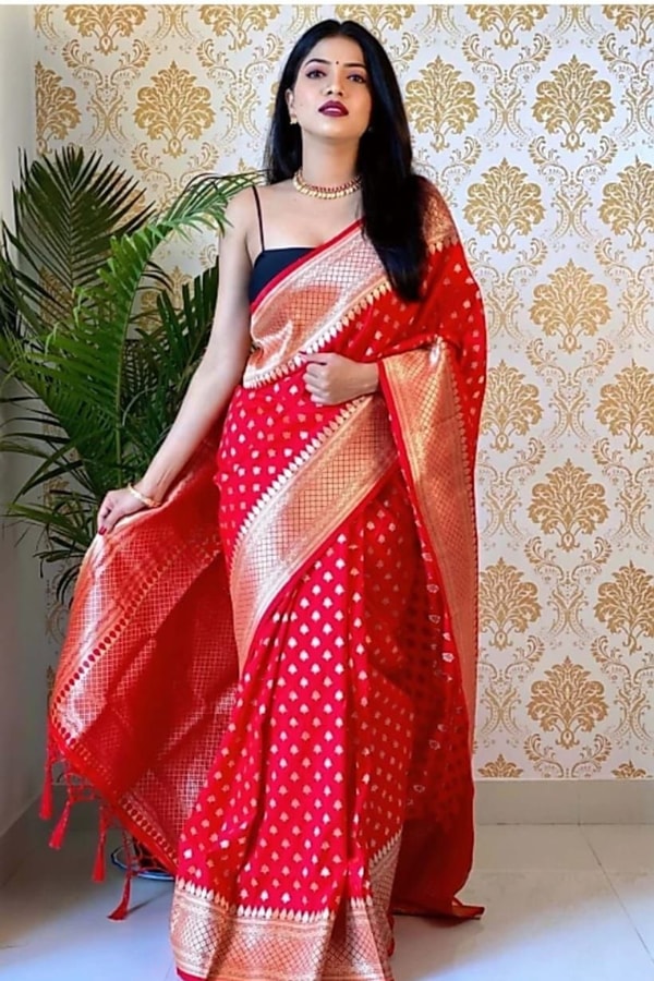 Polka Butti Banarasi Soft Silk Saree with Zari Pallu and Tassels in Black, Rani Pink and Red  in Surat