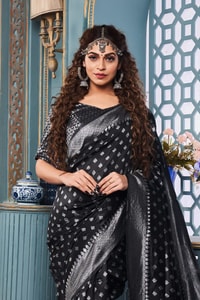 Polka Butti Banarasi Soft Silk Saree with Zari Pallu and Tassels in Black, Rani Pink and Red  in Surat