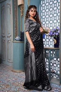 Polka Butti Banarasi Soft Silk Saree with Zari Pallu and Tassels in Black, Rani Pink and Red  in Surat