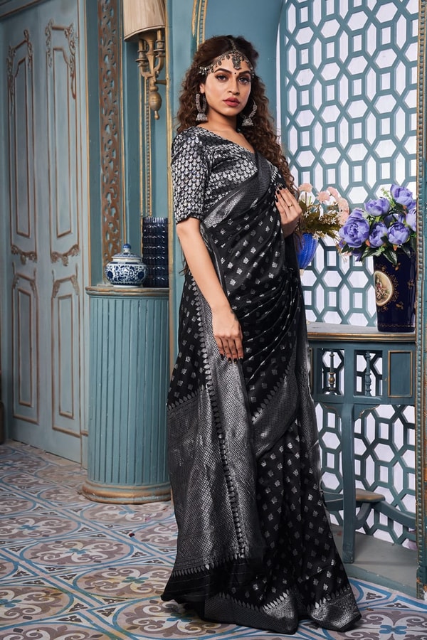 Polka Butti Banarasi Soft Silk Saree with Zari Pallu and Tassels in Black, Rani Pink and Red  in Surat