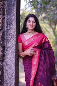 Purple Banarasi Soft Silk Saree with Bright Pink Woven Border and Contrast Pink Pallu  in Surat