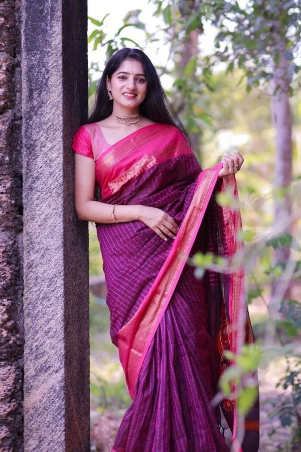 Purple Banarasi Soft Silk Saree with Bright Pink Woven Border and Contrast Pink Pallu  in Surat