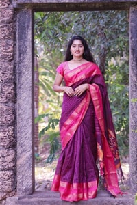 Purple Banarasi Soft Silk Saree with Bright Pink Woven Border and Contrast Pink Pallu  in Surat