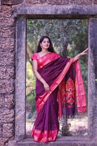 Purple Banarasi Soft Silk Saree with Bright Pink Woven Border and Contrast Pink Pallu  in Surat