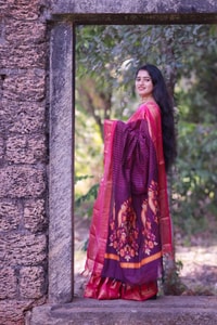 Purple Banarasi Soft Silk Saree with Bright Pink Woven Border and Contrast Pink Pallu  in Surat