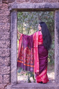 Purple Banarasi Soft Silk Saree with Bright Pink Woven Border and Contrast Pink Pallu  in Surat