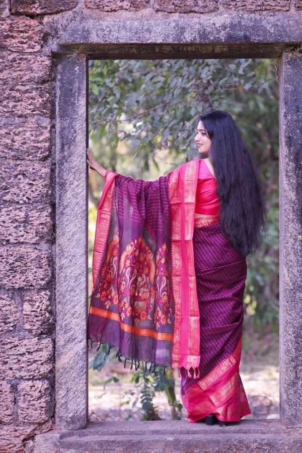 Purple Banarasi Soft Silk Saree with Bright Pink Woven Border and Contrast Pink Pallu  in Surat