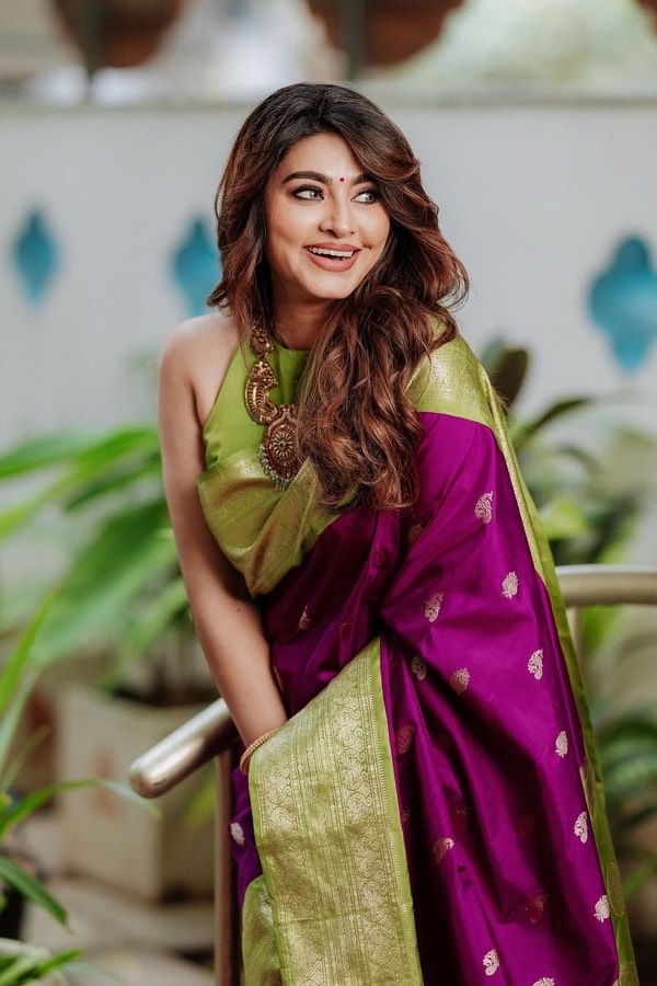 Purple Banarasi Soft Silk Saree with Contrast Mehendi Green Zari Border and Pallu  in Surat