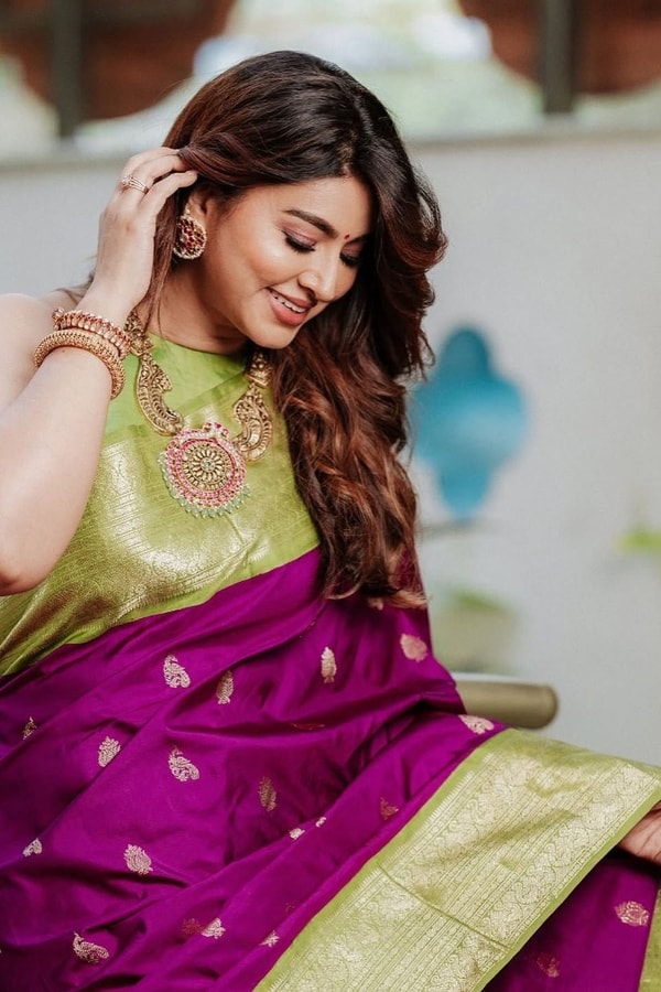 Purple Banarasi Soft Silk Saree with Contrast Mehendi Green Zari Border and Pallu  in Surat