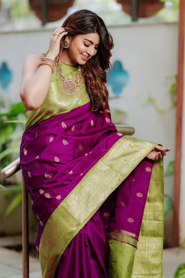 Purple Banarasi Soft Silk Saree with Contrast Mehendi Green Zari Border and Pallu  in Surat