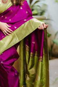 Purple Banarasi Soft Silk Saree with Contrast Mehendi Green Zari Border and Pallu  in Surat