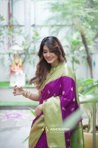 Purple Banarasi Soft Silk Saree with Contrast Mehendi Green Zari Border and Pallu  in Surat video 1