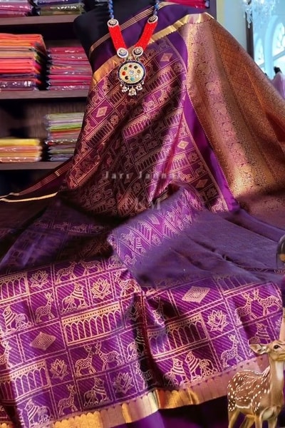 Purple Banarasi Soft Silk Saree with Elephant, Horse and Peacock Zari Motifs in Grid in Surat
