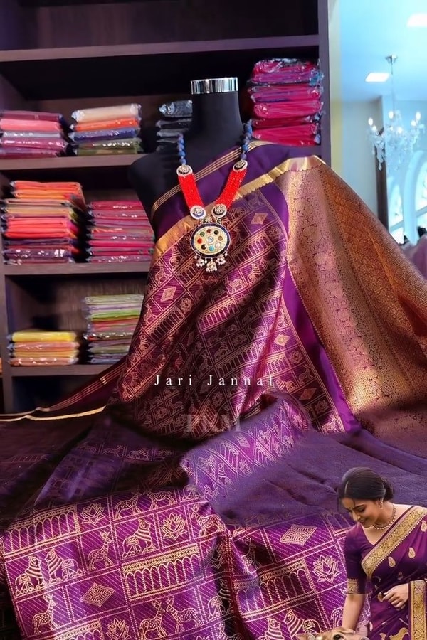Purple Banarasi Soft Silk Saree with Elephant, Horse and Peacock Zari Motifs in Grid  in Surat