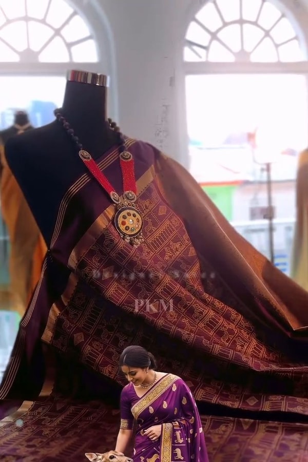 Purple Banarasi Soft Silk Saree with Elephant, Horse and Peacock Zari Motifs in Grid  in Surat