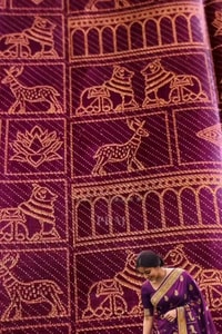 Purple Banarasi Soft Silk Saree with Elephant, Horse and Peacock Zari Motifs in Grid  in Surat