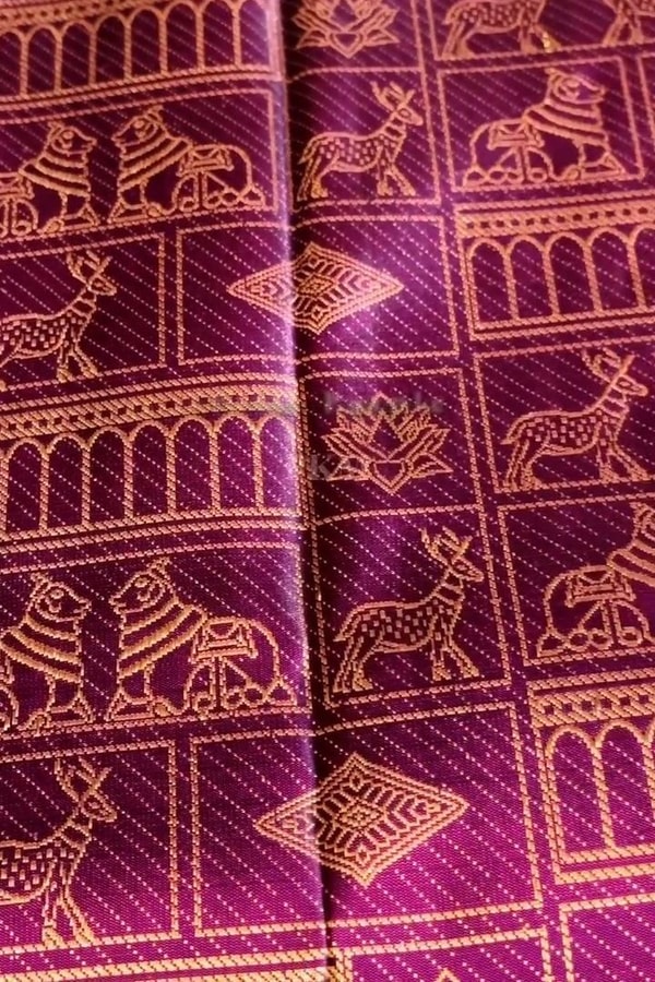 Purple Banarasi Soft Silk Saree with Elephant, Horse and Peacock Zari Motifs in Grid  in Surat