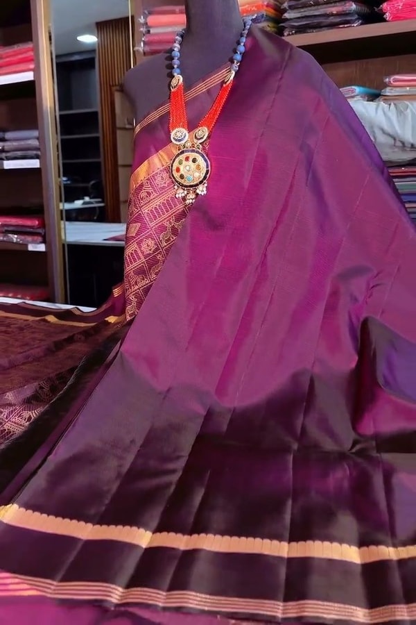 Purple Banarasi Soft Silk Saree with Elephant, Horse and Peacock Zari Motifs in Grid  in Surat